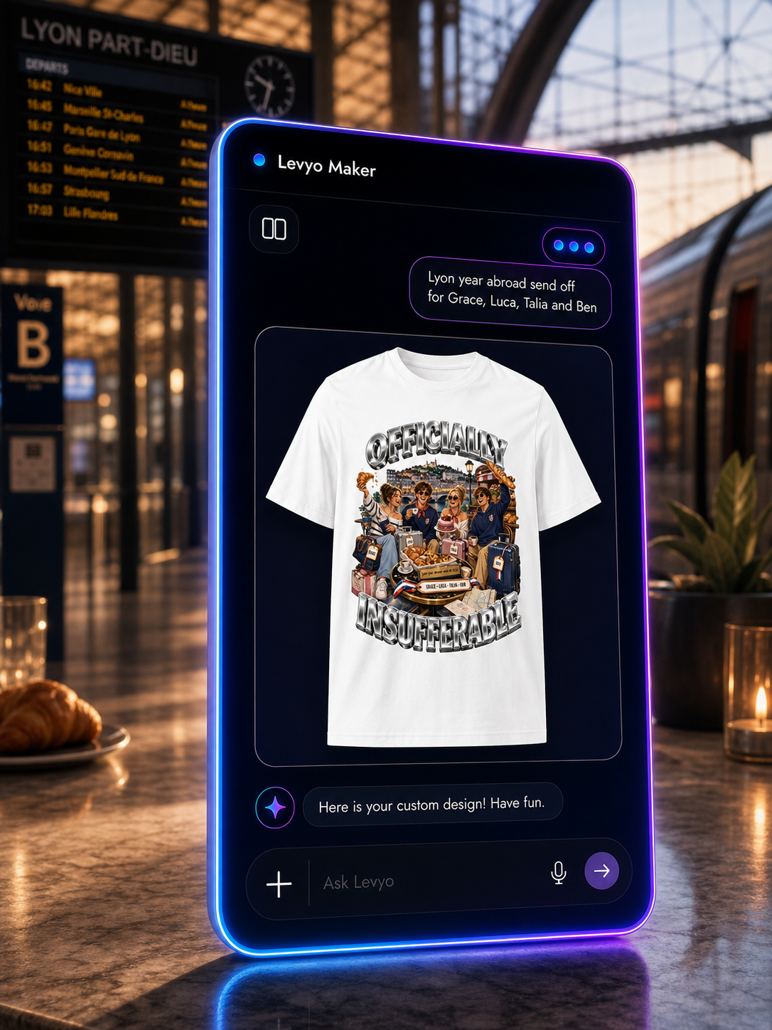 Levyo Maker result screen for year abroad send off t shirts