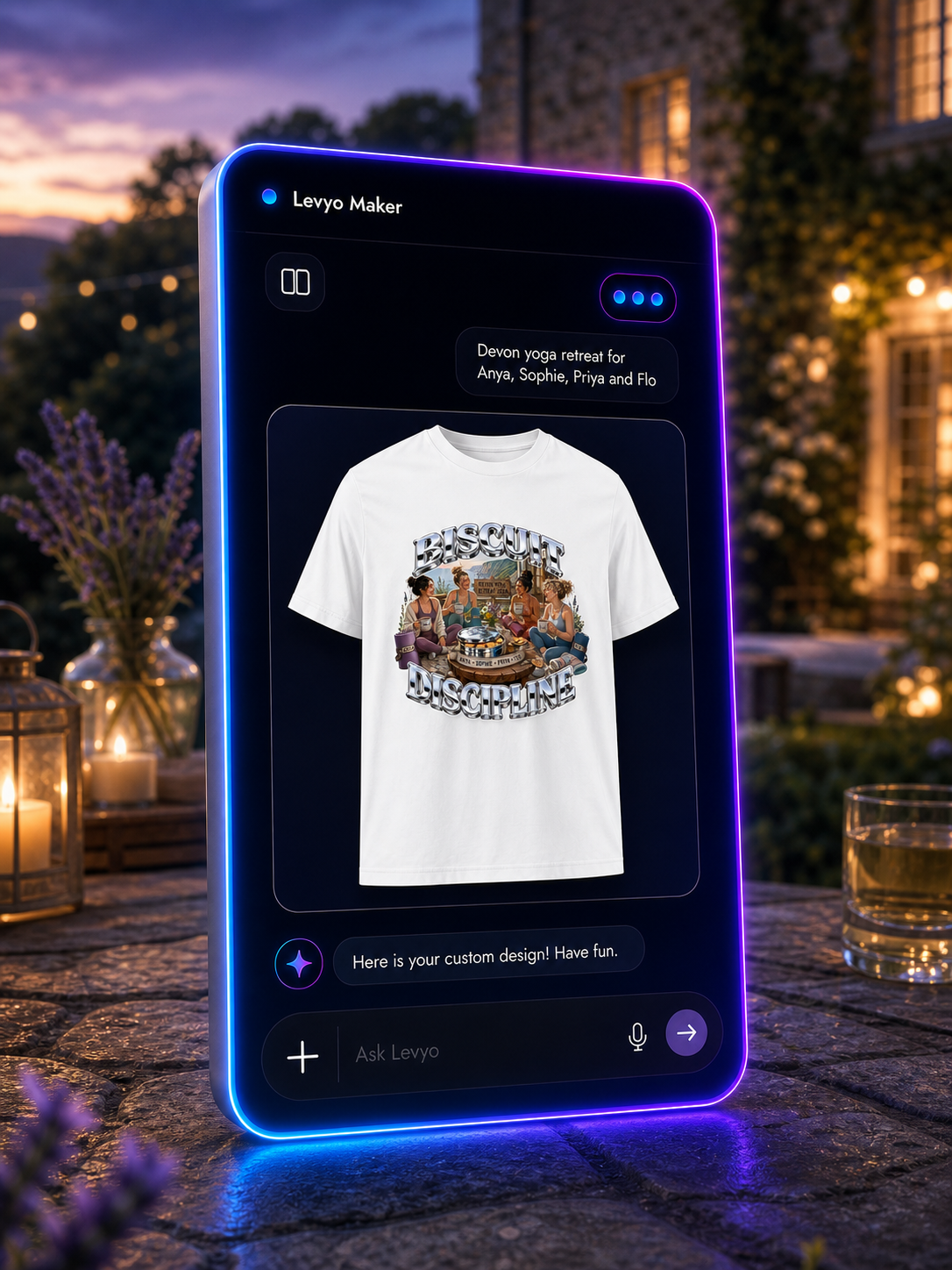 Levyo Maker result screen for yoga retreat t shirts