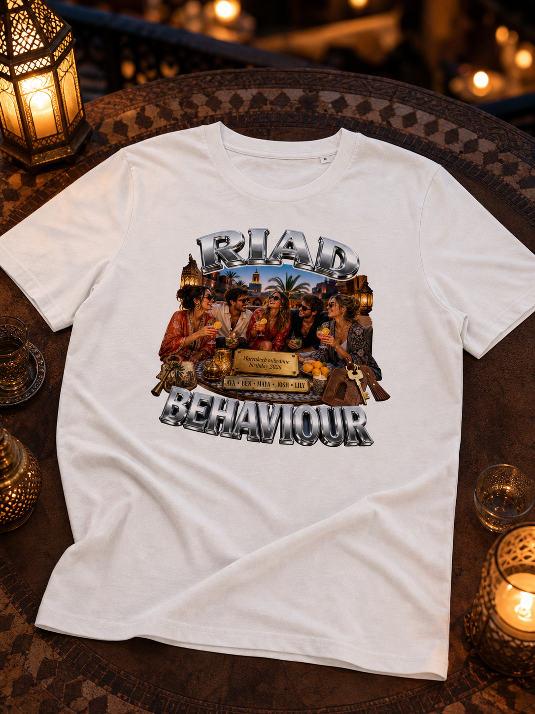 Milestone birthday shirt mockup for a Marrakech riad crew