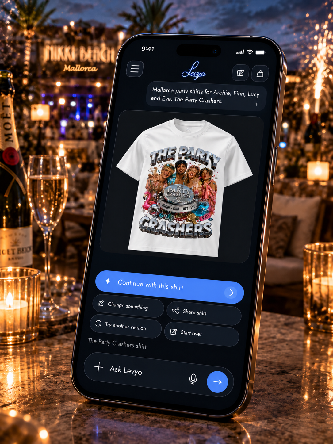 Current Maker result interface composited into the same Mallorca scene with the original Party Crashers example shirt.