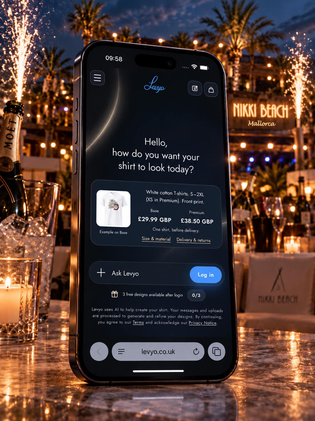 Real iOS Maker start-screen reference composited into the original Mallorca party scene.