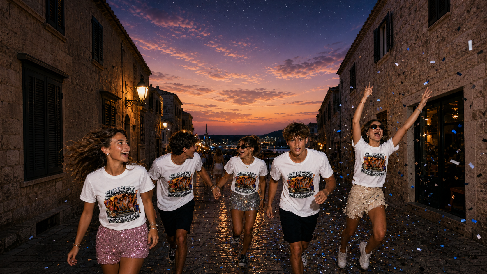 School leavers friends in Hvar wearing matching Levyo shirts during a confetti-filled old-town night