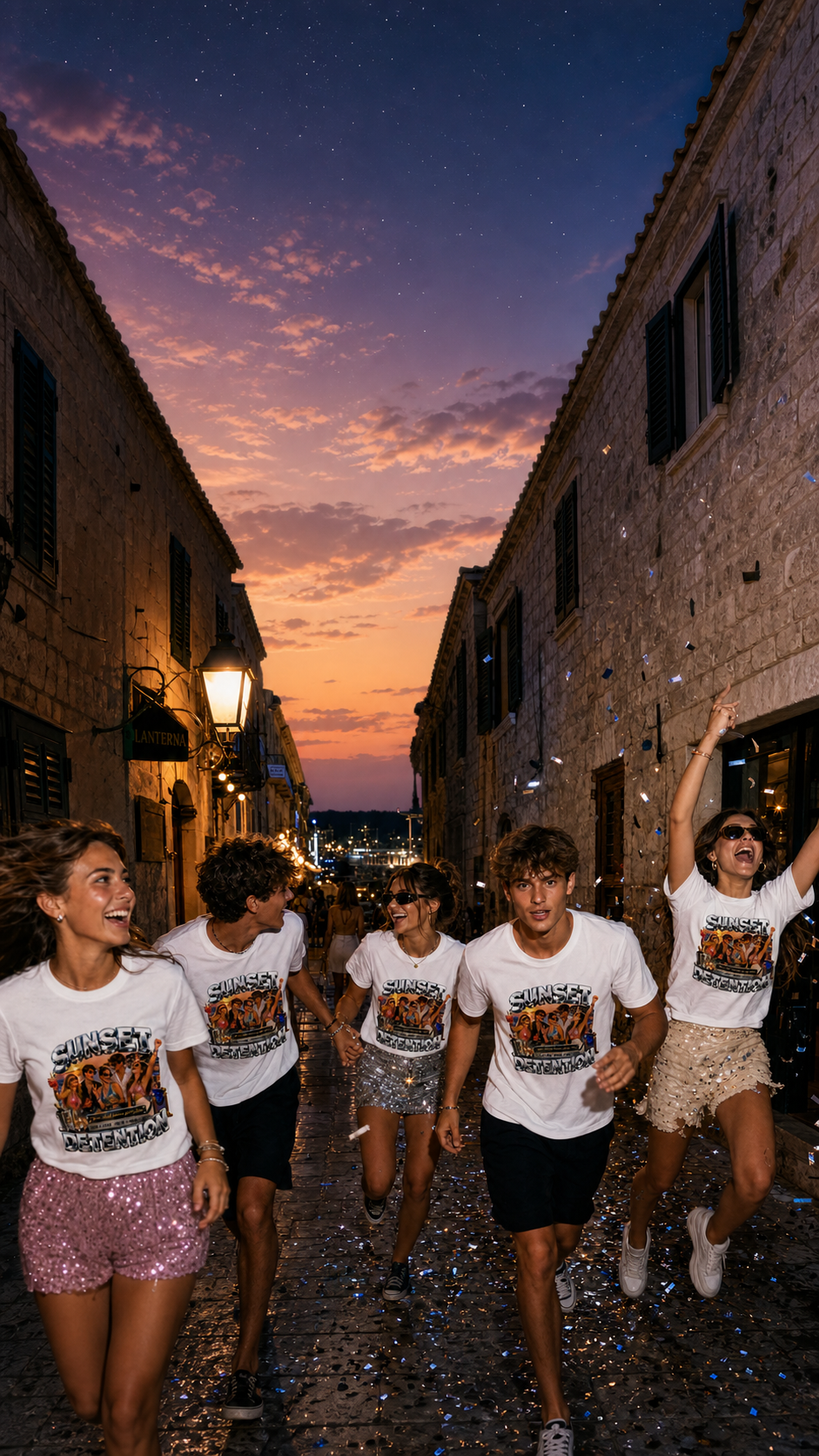 School leavers friends in Hvar wearing matching Levyo shirts during a confetti-filled old-town night