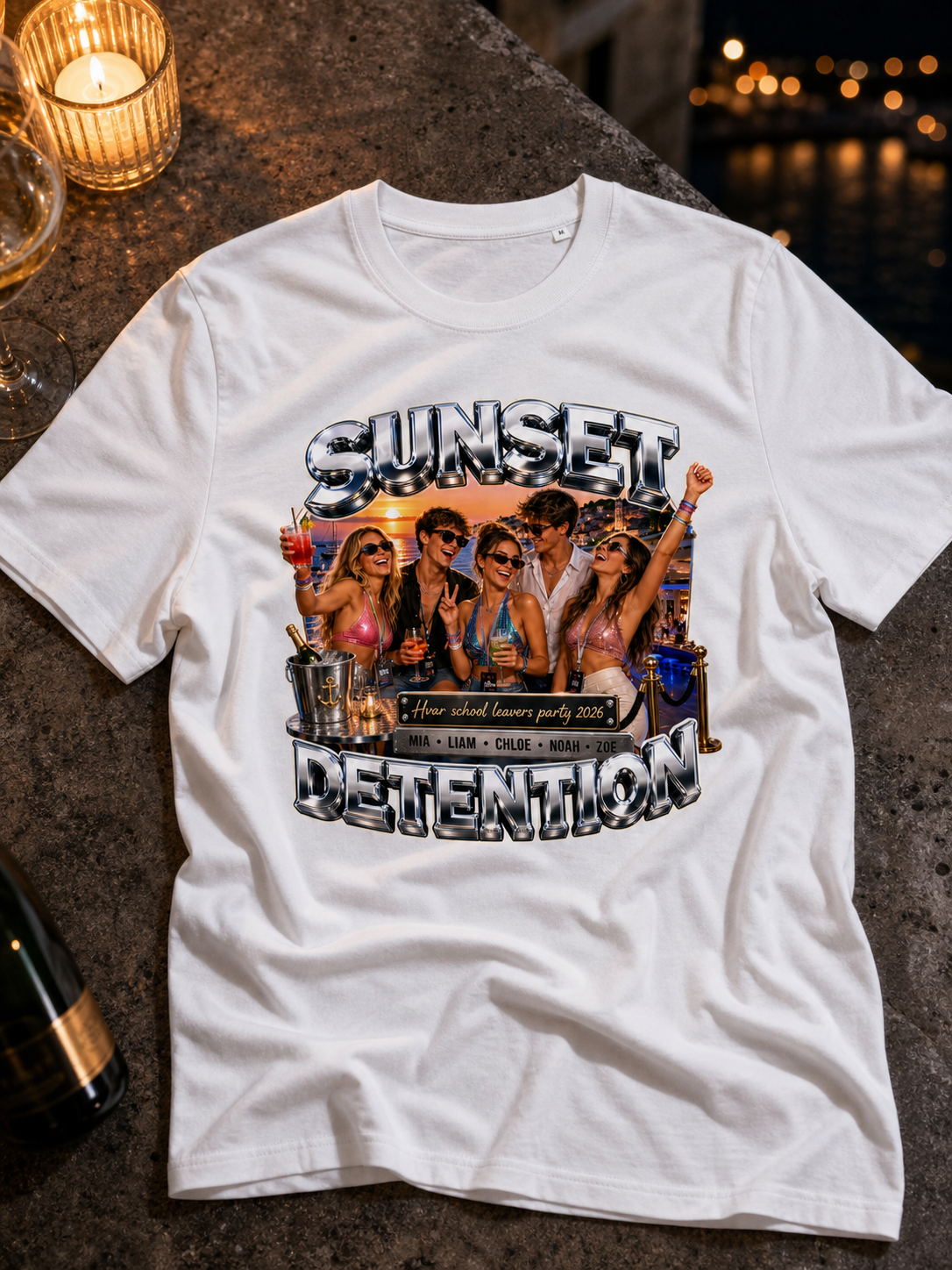 School leavers party shirt mockup for a Hvar sunset crew
