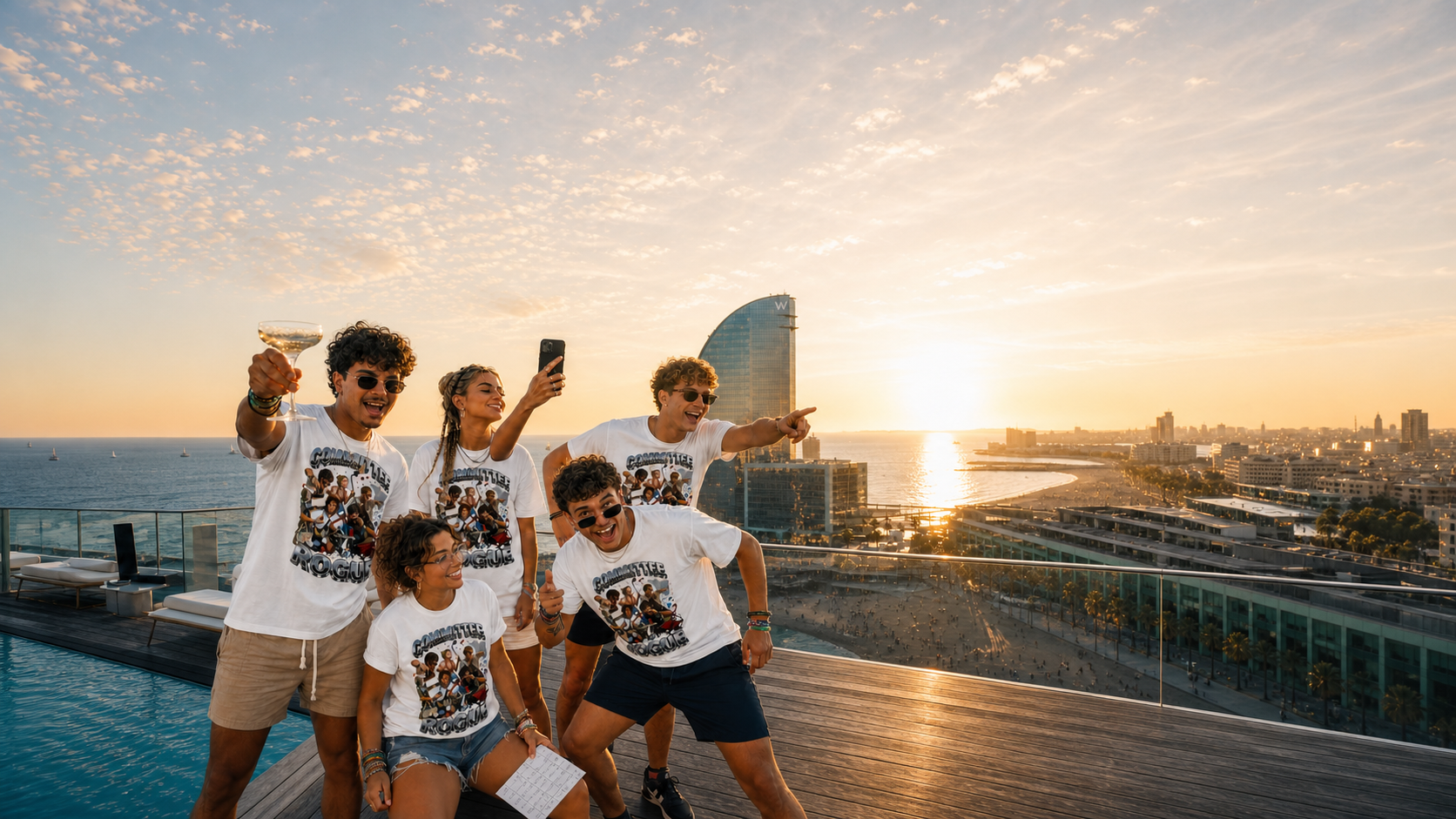 Student society friends wearing matching Levyo tour shirts on a Barcelona rooftop opening day