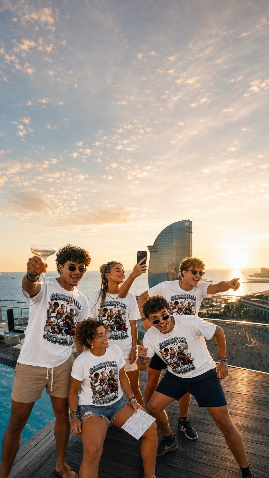 Student society friends wearing matching Levyo tour shirts on a Barcelona rooftop opening day