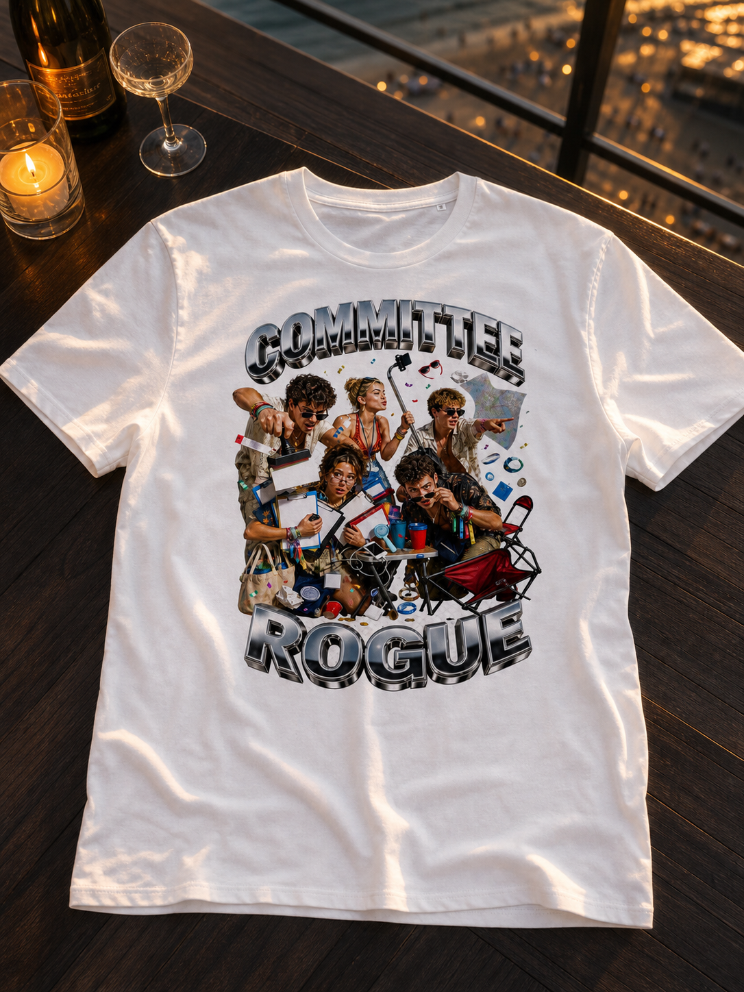 Student society tour shirt mockup with the chrome COMMITTEE GONE ROGUE design