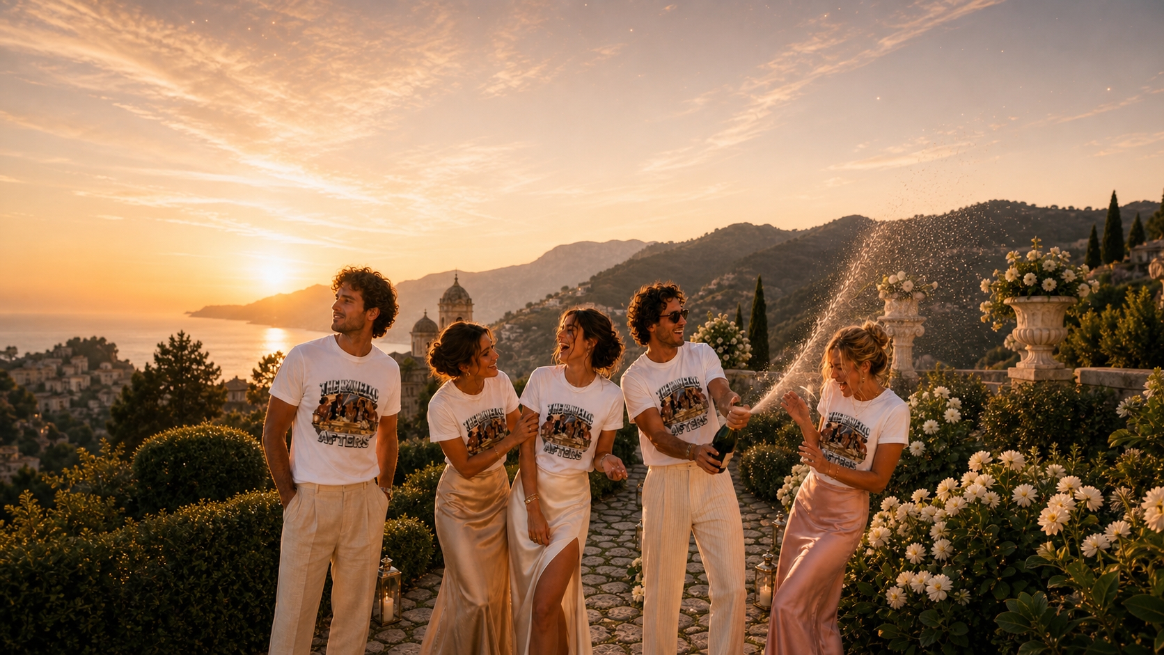 Wedding weekend guest crew on the Amalfi Coast wearing matching Levyo shirts after speeches and sunset drinks
