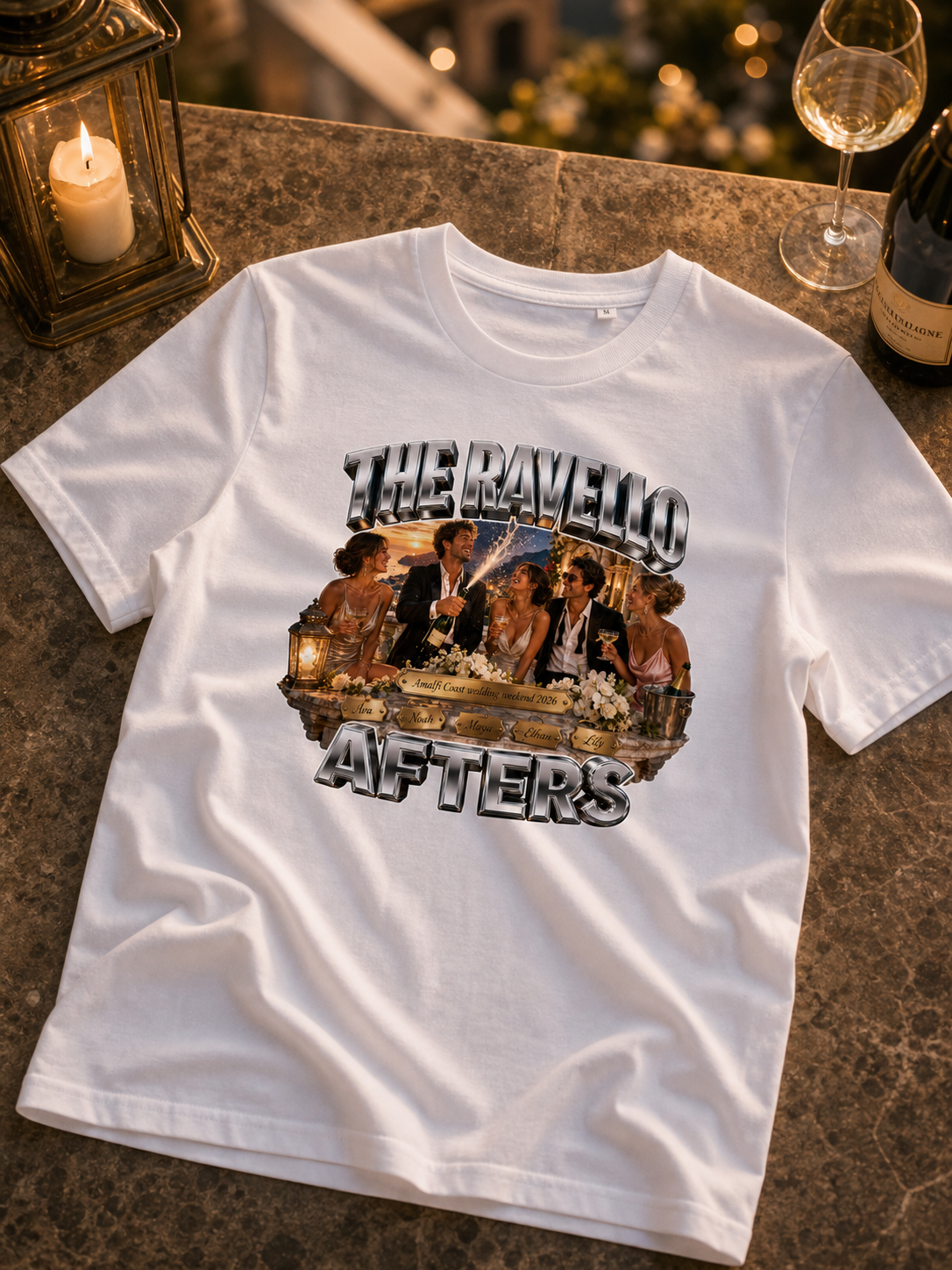 Wedding weekend shirt mockup for an Amalfi Coast guest crew